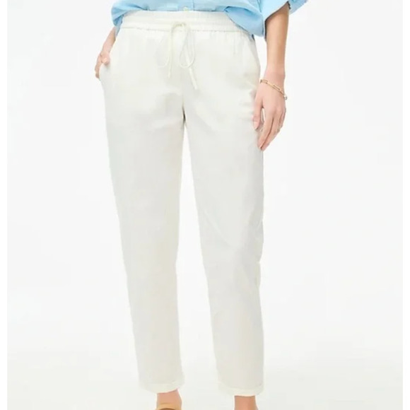J.Crew Linen Cotton Drawstring Pants Pull On Comfy Pockets Ankle White US 8 NWT - Picture 1 of 13